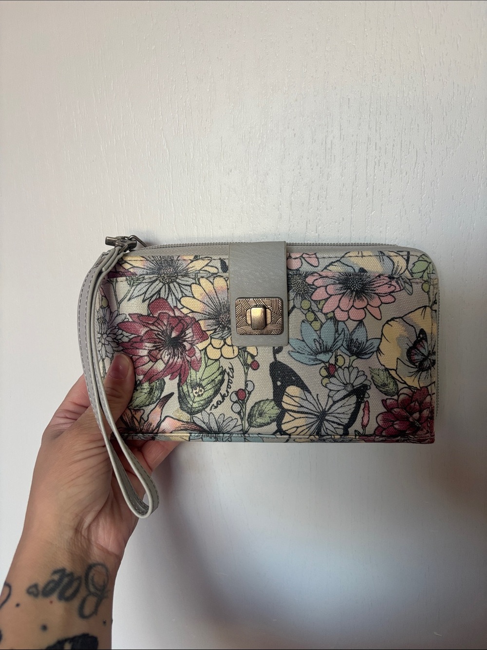 The Sak Floral Wristlet Clutch in Cream with Multicolor Flowers